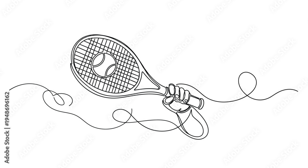 Obraz premium Hand holding tennis racket and ball, continuous line drawing, minimalist sport art
