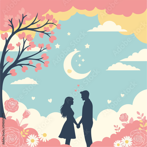 Romantic illustration of couple holding hands under blossoming tree, moon, and stars