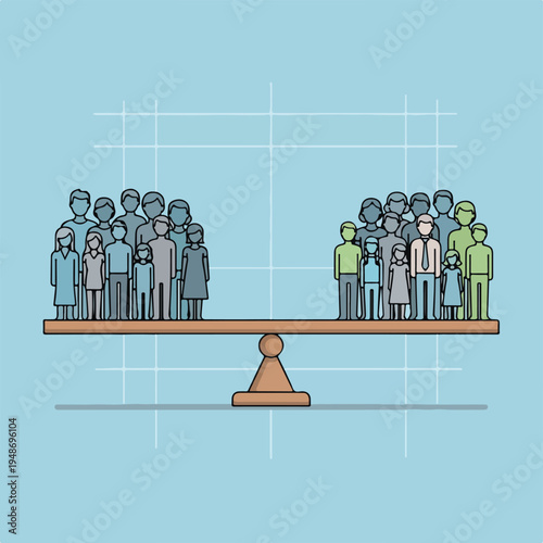 Illustration of people on scales. Balancing concept. Equality, equity depicted