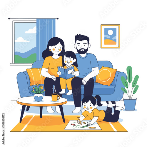 Illustration of a family of four spending time together in their living room