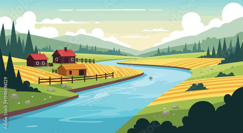 Pixelated landscape depicting a river, houses, fields, and mountains