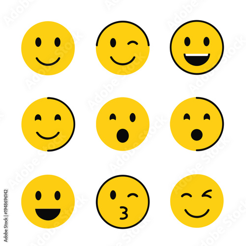Nine yellow cartoon faces, each showing a different emotion