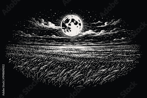 Woodcut style night field landscape under large full moon, vintage engraving vector illustration of meadow grass and cloudy night sky on black background.