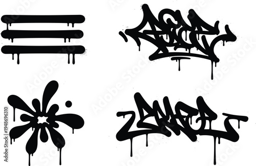 Set of black paint drips in graffiti and abstract shapes, including spray and text effects for creative designSet of black paint drips in graffiti and abstract shapes, including spray and text effects