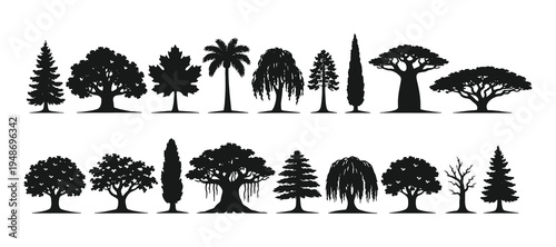 Diverse tree and plant silhouette collection featuring pine and palm tree shapes, minimalist flat vector illustration set for landscape and nature design.