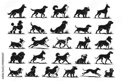 Comprehensive pet dog breed silhouette set with various action poses and profiles, flat vector illustration for animal care and pet community branding.