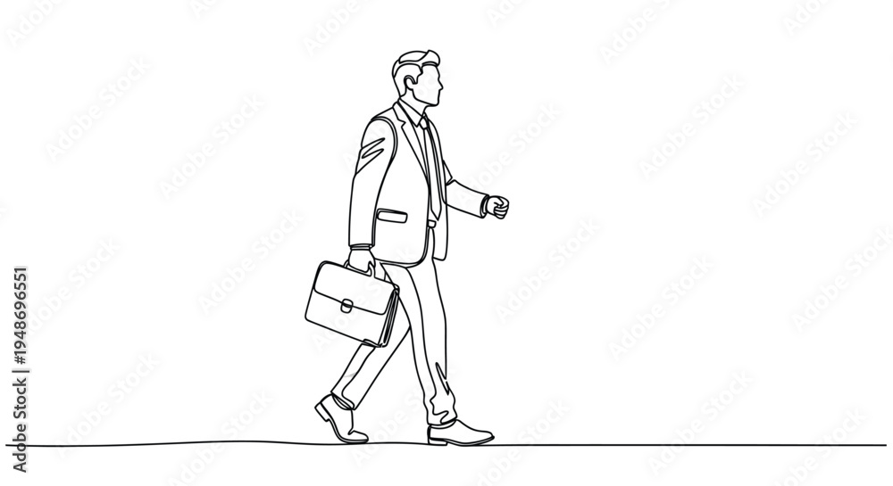Fototapeta premium Confident Continuous Line Drawing of Businessman Walking with Briefcase
