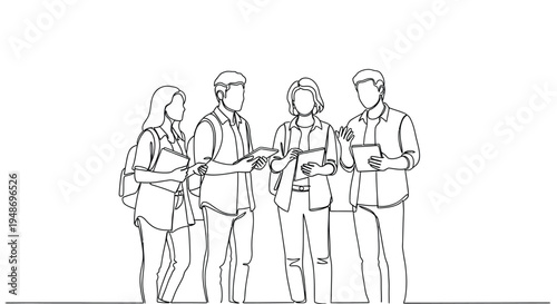 Diverse Group of Students Discussing, Continuous Line Drawing Education