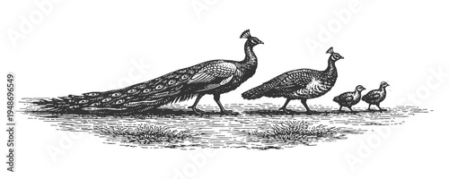 Peacock Family with Peahens and Chicks Vector Illustration in Hand Drawn Engraving Style Featuring Elegant Exotic Bird and Feather Patterns