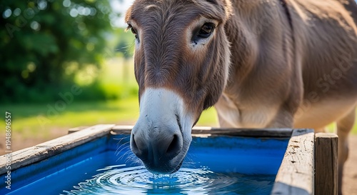Close-up of a thirsty donkey quenching its thirst from a vibrant blue water trough on a sunny day