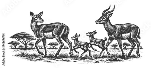 Deer and Antelope Family in Wilderness Landscape Vector Illustration in Hand Drawn Engraving Style Featuring Majestic Forest Wildlife Design
