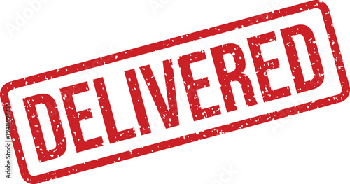 A vibrant red rectangular rubber stamp prominently features the word DELIVERED against a clean white surface