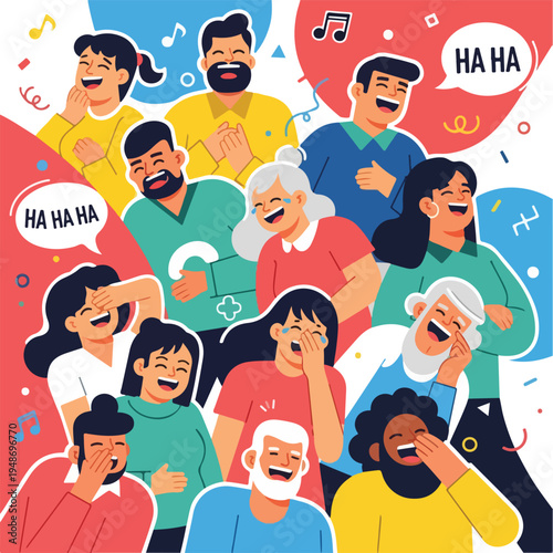 Illustration of a group of diverse people laughing with stylized speech bubbles