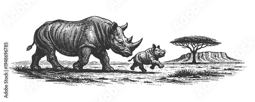 Rhinoceros Mother and Young Calf in Savanna Vector Illustration in Detailed Vintage Engraving Style for Wildlife Conservation and Safari Design
