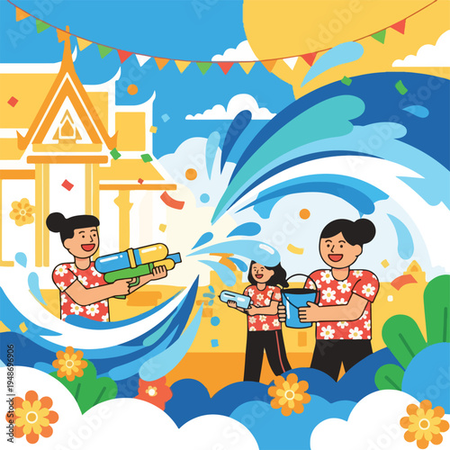 Illustration of a family playing with water guns and celebrating an event