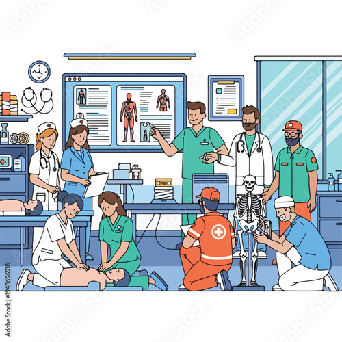 Illustration of a medical team in a hospital setting, showing a patient care