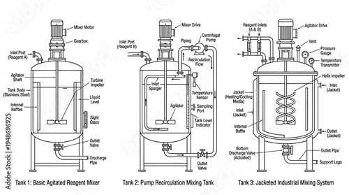 Diagrams of Industrial Mixing Tanks with Labels