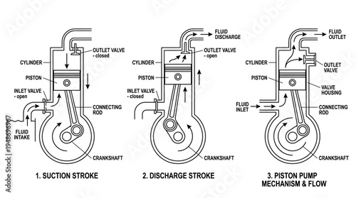 Diagram of a Piston Pump Mechanism Showing Suction and Discharge Strokes