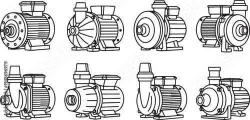 A variety of electric motors and pumps in different designs and configurations. Vector