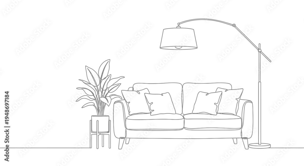 Fototapeta premium Sofa with abundant plants and modern arc lamp, interior line art illustration