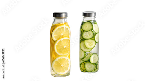 Two glass bottles of infused water with lemon and cucumber slices