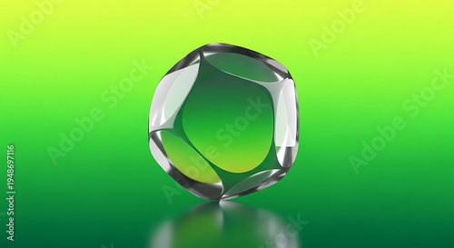 Large clear crystal or glass on green gradient background green background reflective