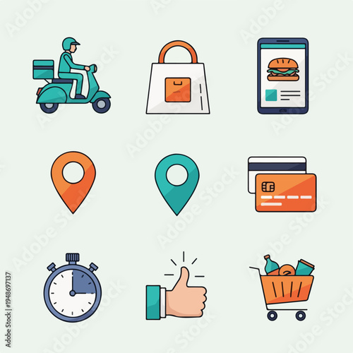 Set of delivery-themed illustrations scooter, bag, phone, location, cart, etc