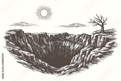 Dramatic Deep Canyon Pit with Dead Tree Vector Illustration in Hand Drawn Engraving Style Depicting Vast Geological Abyss and Barren Land