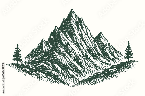 Sharp Mountain Peaks and Coniferous Forest Vector Illustration in Vintage Engraving Style Featuring Rugged Alpine Wilderness Landscape Design