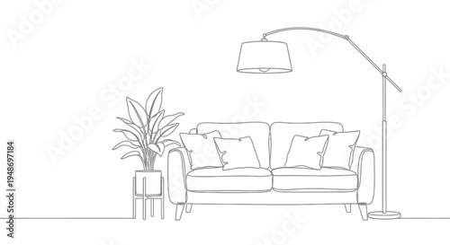 Tableau sur toile Sofa with abundant plants and modern arc lamp, interior line art illustration