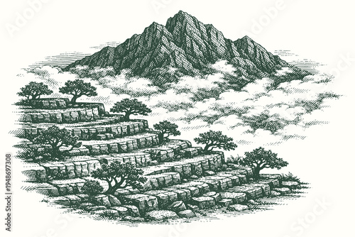 Vintage Hand Drawn Engraving Vector Illustration of Mountain Terraces with Stone Walls and Trees in Woodcut Style Isolated on White Background