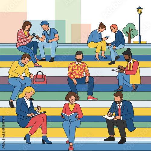 Illustration of diverse people on steps, using devices, reading, and taking notes