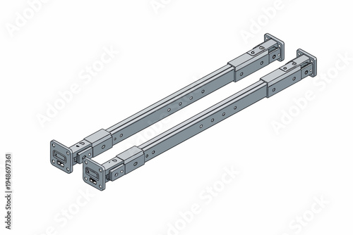 Pair of adjustable industrial support rails for mounting and securing electronic components, designed for rack systems or modular storage units