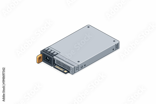 Isometric illustration of a server power supply unit, a compact and essential component for reliable power delivery in data centers and computer systems, depicted with detailed ports and connectors