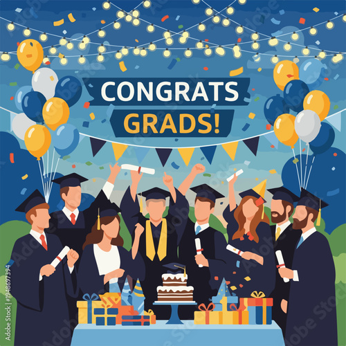 Illustration of a graduation celebration with confetti, cake, and grads