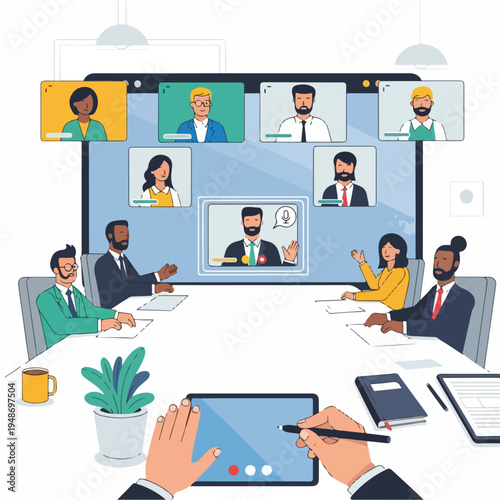 Illustration of a virtual meeting with several participants and a central tablet