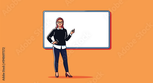 Corporate businesswoman illustrating concepts on a clear screen.