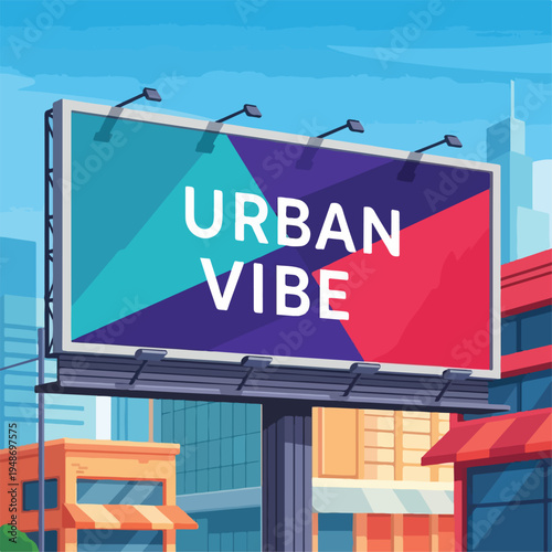 Pixelated cityscape with a billboard showcasing bold "URBAN VIBE" text