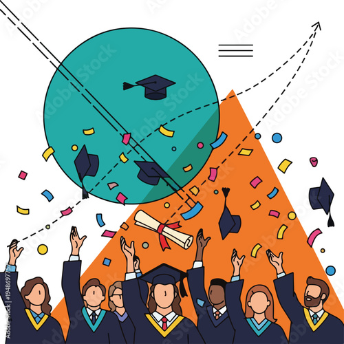 Illustration of a graduation celebration with students throwing caps in air