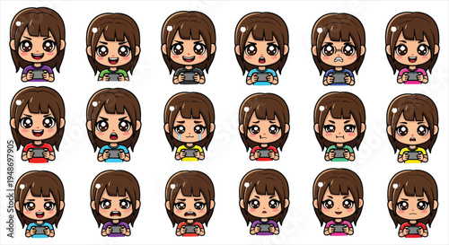 Cute Gamer Girl Character Emote Sticker Set, Cartoon Gaming Avatar Emoji Pack, Streaming Reaction Icons for Twitch Discord Vector