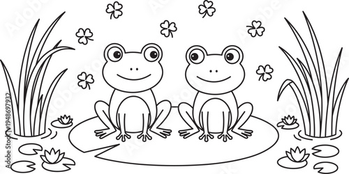 Cute frog couple sitting on lily pad in pond cartoon outline coloring page vector illustration