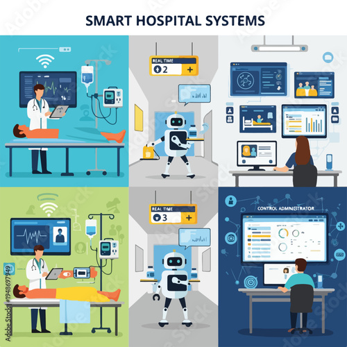 Illustration presenting smart hospital systems doctors, robots, and computers