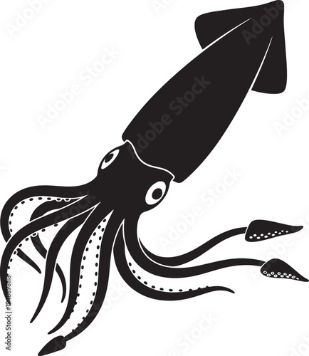 Black squid swimming in ocean water with tentacles extended sideways
