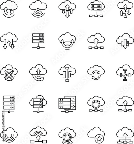 Set of 25 Minimalist Cloud Computing and Data Storage Line Icons featuring Server Management, Network Synchronization, and Information Transfer for IT Infrastructure and Web Services