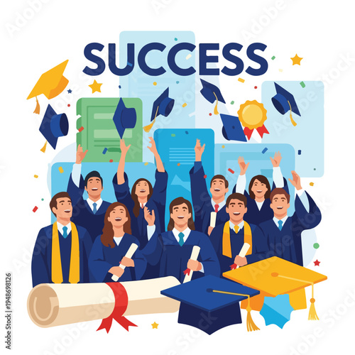 Illustration of a group of graduates celebrating their achievement