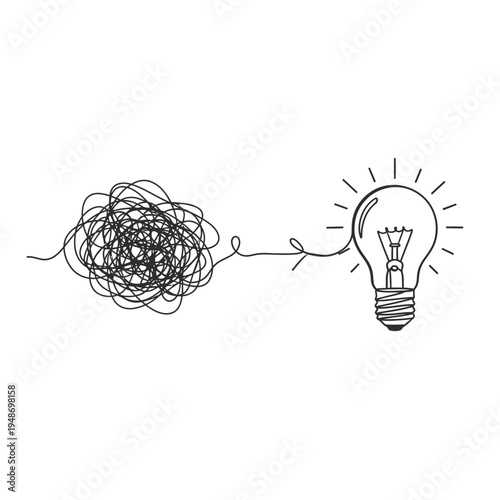 Tangled line evolving into a glowing lightbulb, representing idea generation.