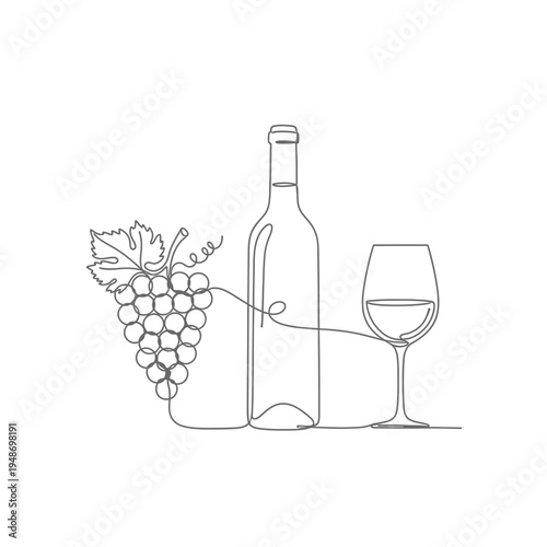 Elegant line art of wine bottle, glass, and grapes