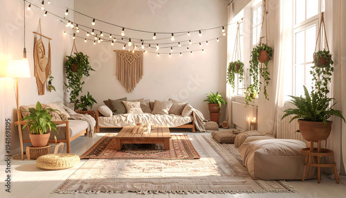 Artistic boho studio living space with layered rugs floor cushions fairy lights decoration wallpaper background