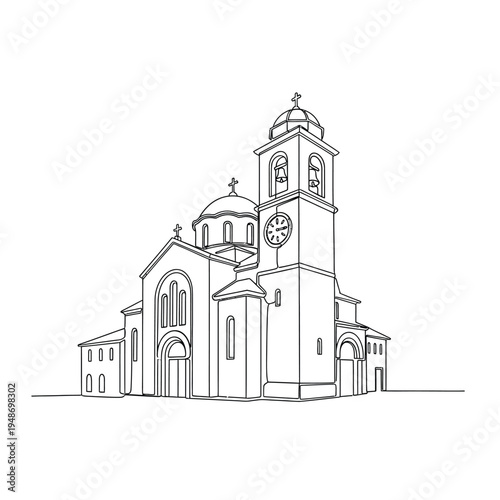 Grand Orthodox Church with Bell Tower & Domes. Continuous Line Art Drawing.