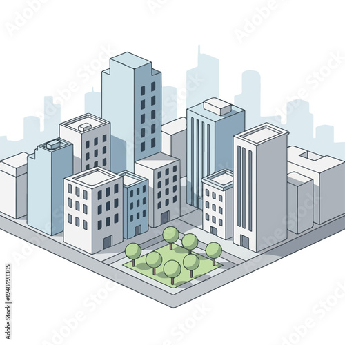 Isometric illustration of a city block featuring buildings and a park